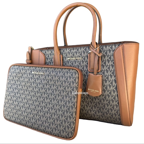 Michael Kors Kali Medium Satchel Crossbody + Ipad Case Brown Gold MK - Picture 7 of 8